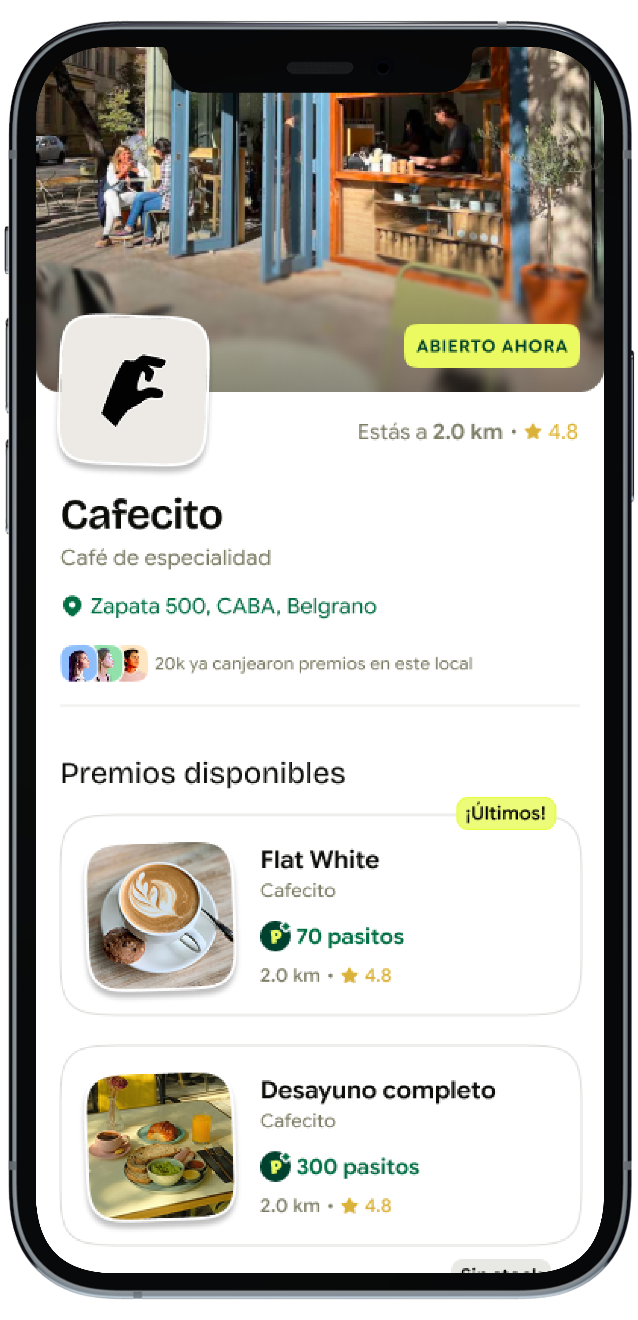 App Pasito: detalle de comercio con premios